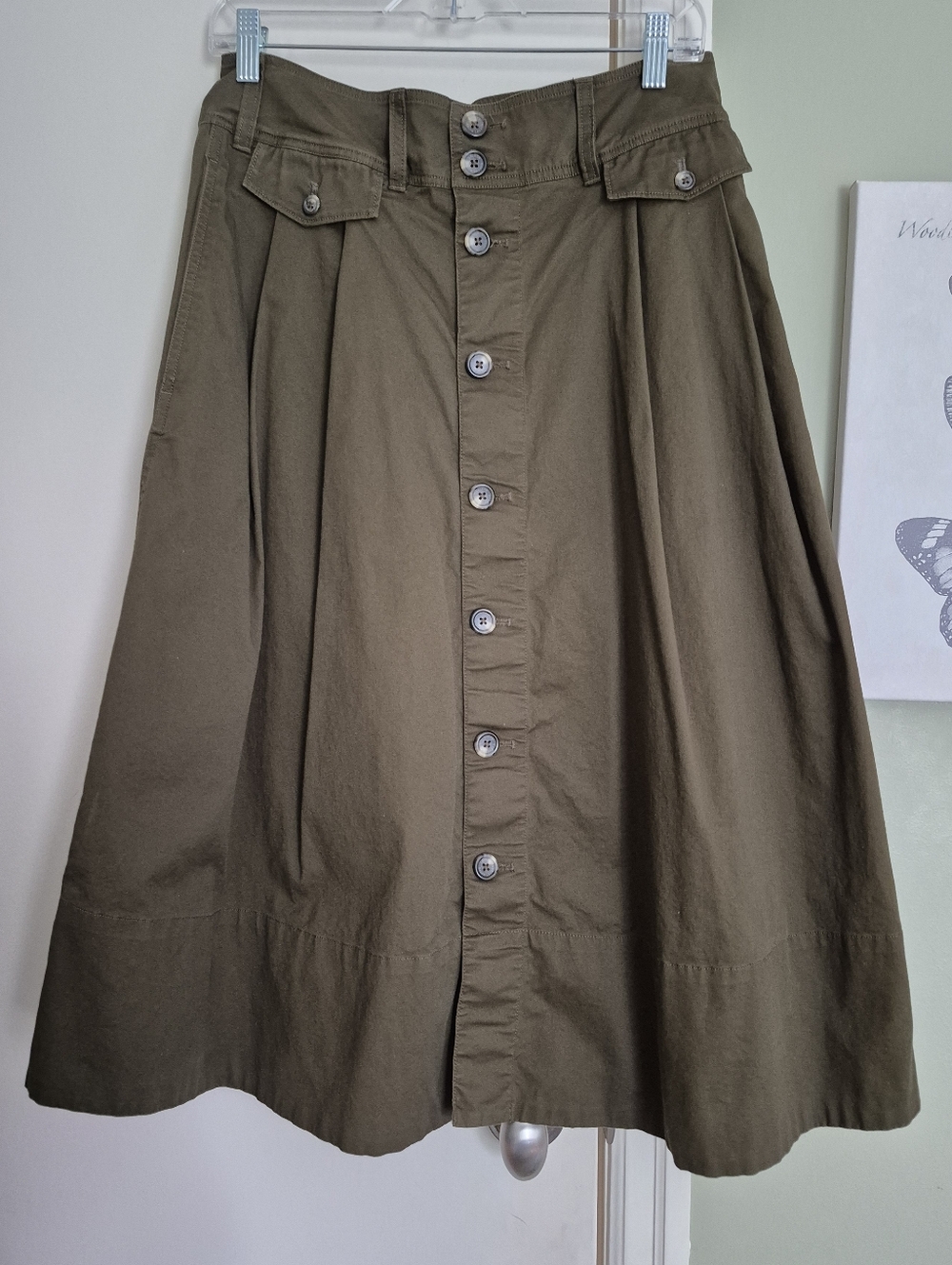 EUC Ralph Lauren Safari Style Olive Button-up Full Midi Skirt, Pockets, 6P